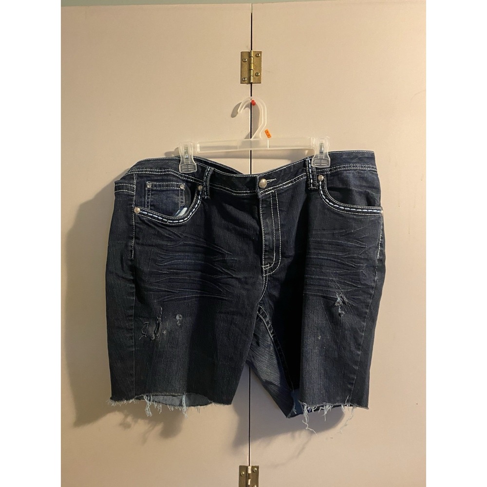 Suko Jeans Denim Shorts Women Size 20 Blue Good Distressed Lace Thick Stitch